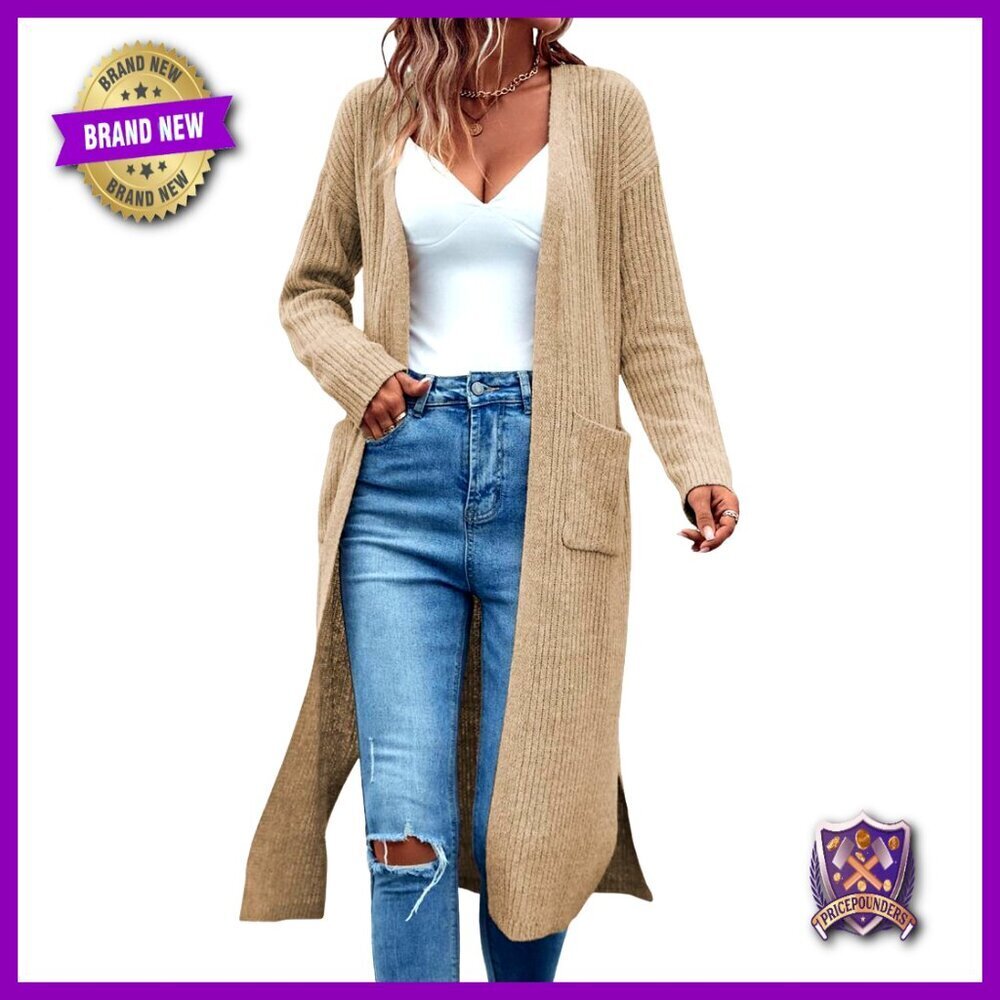 Long Ribbed Knit Cardigan with Pockets, Oversized Fit for Fall Casual Wear